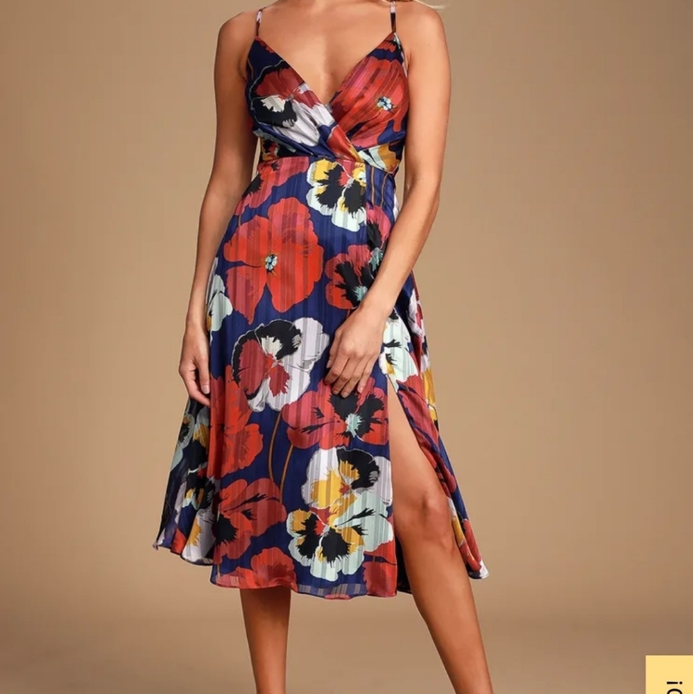 Lulu's Floral Midi Dress - Blue, Red, Yellow